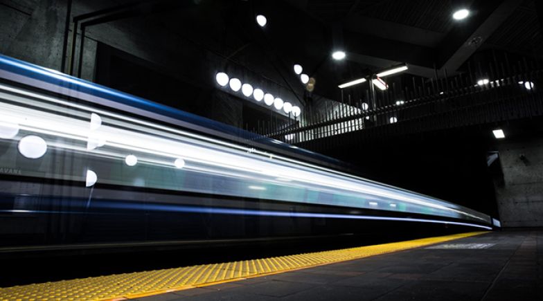 Train passing through a station